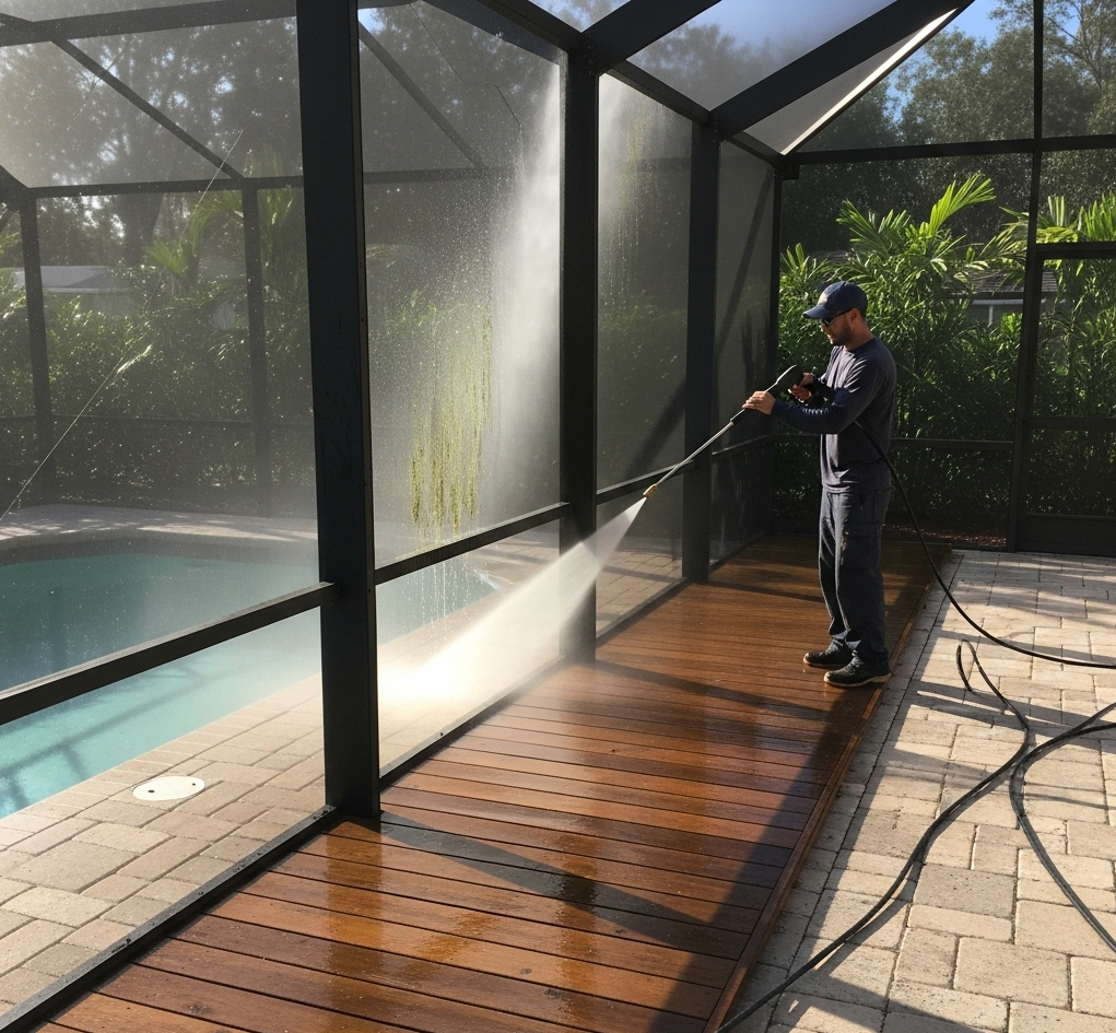 A clean pool enclosure after pressure washing